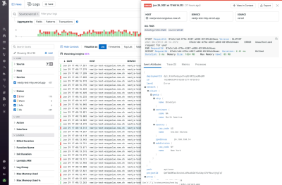 Viewing the Next.js request log in Datadog