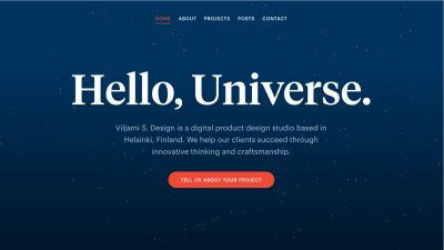 Screenshot of Viljamisdesign.com with “Hello, Universe” in large type with a pixel starfield behind it