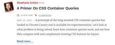 The midsize container query layout with the avatar visually appearing to be in it’s own column to the left of the rest of the content.