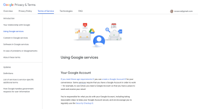 Google Terms of Service page with sticky sidebar navigation