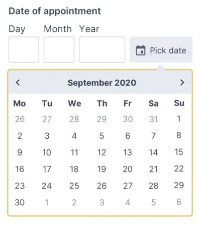 Adam provides a simple <a href='https://nostyle.herokuapp.com/components/memorable-date'>code example</a> for the Memorable date pattern in his <a href='NoStyle Design System]().