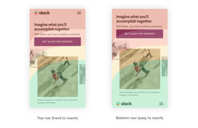 Slack web page navigation reimagined with new thumb-zone mapping