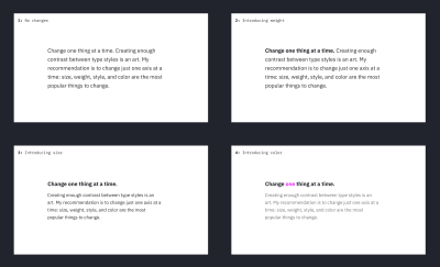 A grid of four visual explorations of the “Change one thing at a time” text. In each iteration, only one visual axis changes