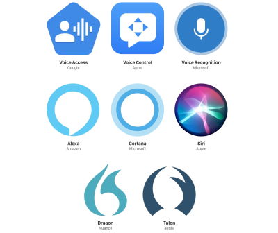 A grid with three columns and rows. The three logos for the first row are Voice Access by Google, Voice Control by Apple, and Voice Recognition by Apple. The logos for the second row are Alexa by Amazon, Cortana by Microsoft, and Siri by Apple. The logos for the third row are Dragon by Nuance and Talon by aegis.