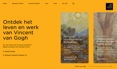 A glimpse of the Van Gogh’s museum website with two artworks shown and used in a carousel