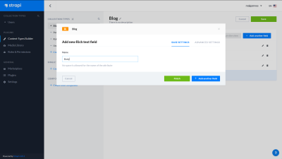 A screenshot of the Strapi dashboard - creating a new rich text field