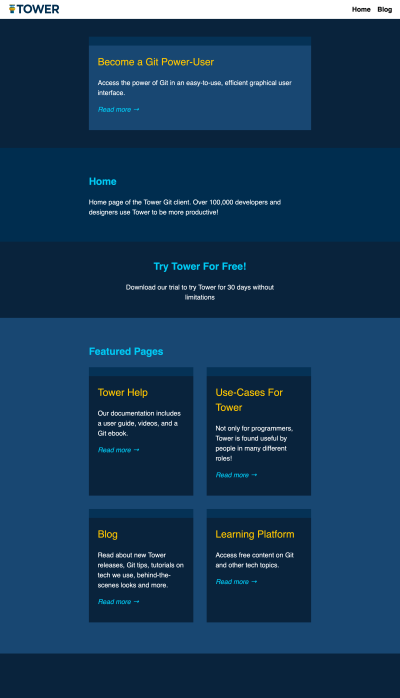 Home page of the Tower Git client showing four featured pages in two rows by two columns and not all four on top of each other as before