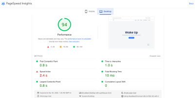 Using PageSpeed Insights to check how well the website performs: 94/100 performance