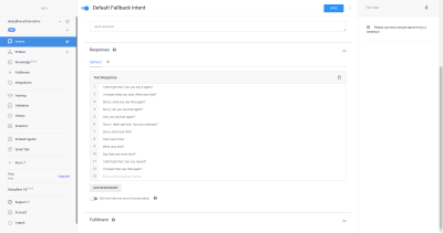 The Default Fallback intent page with the responses listed out.