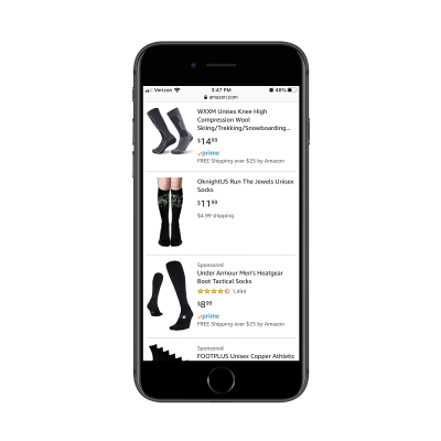 Amazon mobile search with organic and paid products