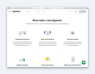 A screenshot of pipedrive.com with the outline followed by a list of benefits.