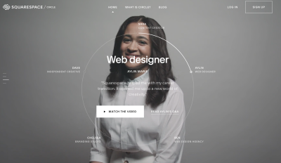 Squarespace’s landing page as of April 2022 showing a photo of a young Black woman named Aylin Marie smiling with a circular full-height carousel layered on top or in front of the Aylin’s half-body portrait