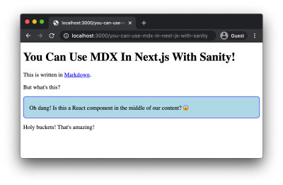 The MDX content rendered properly in the browser.