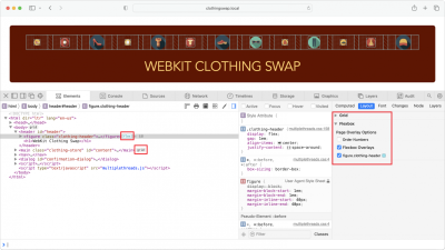 Safari, with the WebInspector opened, showing a flex container selected in the Elements tool. The Layout sidebar shows options for inspecting the container. And the layout is highlighted on the page