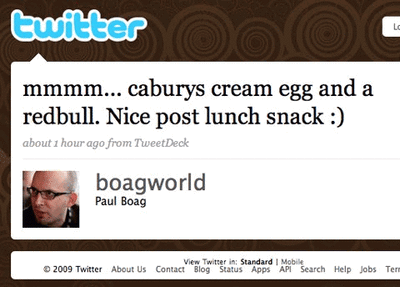 A screenshot of a Twitter message from Boagworld saying: mmm... caburys cream egg and redbull. Nice post lunch snack