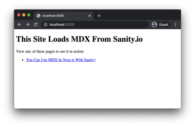 The site loaded in localhost with a list of linked Sanity page titles.