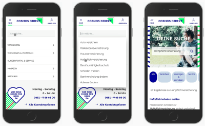 Examples of the navigation being used on the Cosmos Direkt website as seen on mobile