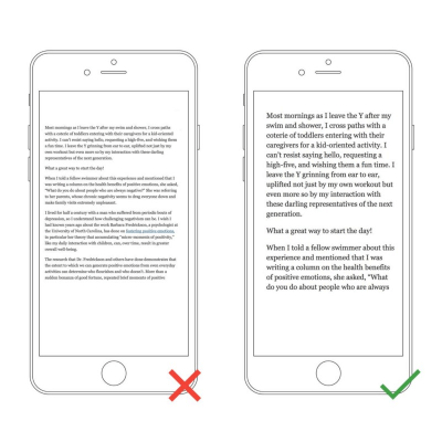 Left: The text is too small to read on a small device without pinching and zooming. Right: The text is comfortable to read on a mobile screen.