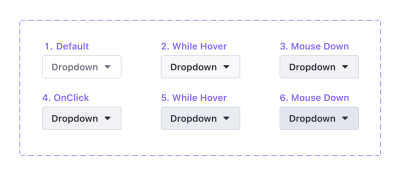 Six different dropdown buttons showing the color changes for each state.