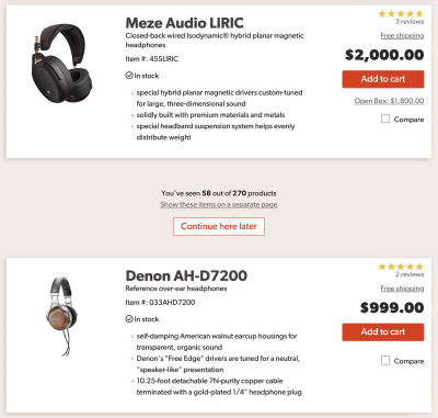 An example of a product page showing two different pairs of cover-ear headphones