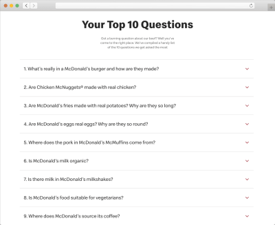 A screenshot of McDonald's FAQs