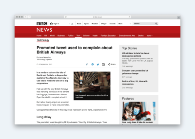 A screenshot of a BBC headline stating: Promoted tweet used to complain about British Airways