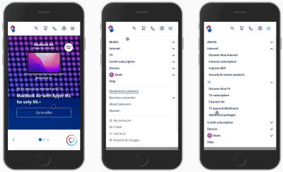Three different views of the Swisscom website shown on mobile