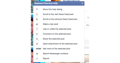 Keyboard shortcuts for scrolling between news feed items, making new posts, etc.