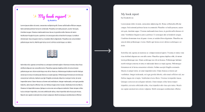 A overly decorated book report with scripted letters and colorful borders contrasted by a book report using Times New Roman and black text