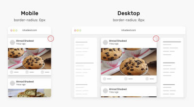 A comparison of how the same page looks like on mobile and desktop with border radius 0px and 8px