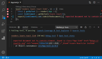 A screenshot of the App.test.js file open in an editor with the Wallaby.js Tests indicator tab open