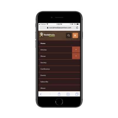 Social Media Examiner mobile navigation
