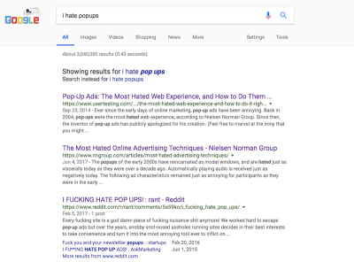 Google search for 'I hate pop-ups'