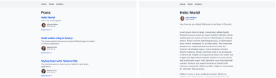 On the left: the finished blog index we’re going to build. On the right: an individual post’s page, which links to its author's profile page.