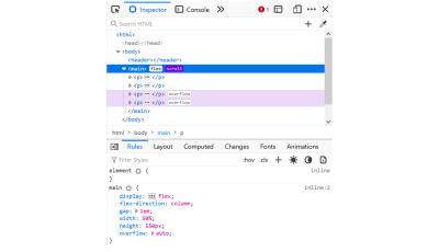 Screenshot of the Firefox Inspector panel showing a node with a scroll badge that was clicked on, and 2 descendant nodes with overflow badges that are highlighted