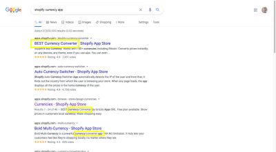 A Google search for “shopify currency apps” with matches containing the words “currency converter”