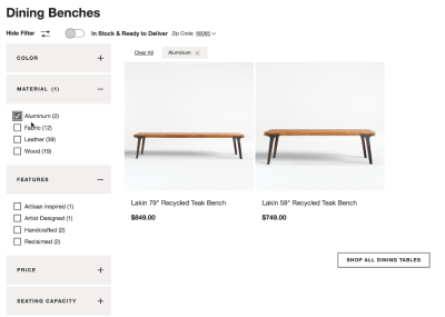 No layout shifts in sight on Crate & Barrel. A very calm experience, with filter area that can be hidden if not needed.