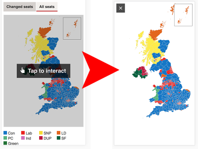 Screenshot of map embed with 'Tap to Interact' overlay, followed by a screenshot of the map in full screen mode after it has been tapped.