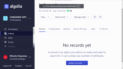 Screenshot of Algolia account page, created index