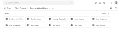 A sample folder that shows how to keep unused designs organized in Google Drive with folders related to branding, websites and social media