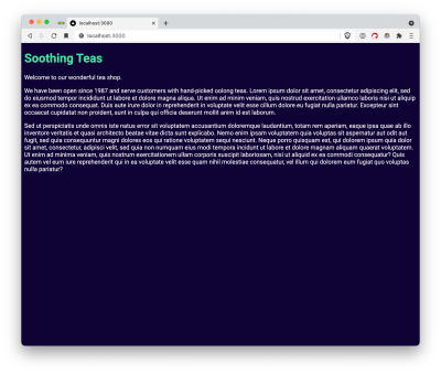 Picture of the work-in-progress website. The page background is now a dark blue color, and the headline 'Soothing Teas' is green. The website has no layout/spacing and so extends to the width of the browser window completely.