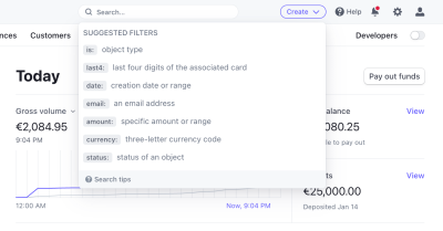 A screenshot of the Stripe website in which suggested filters show while typing in the search bar