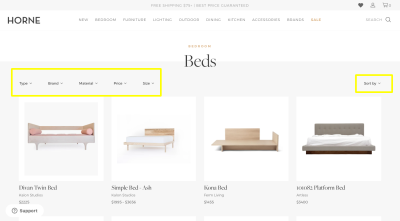 Horne e-commerce website design with filters and sorting for internal navigation