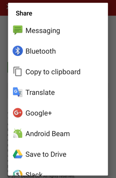 Screenshot of the share menu on Android with options for sharing via Messaging, Bluetooth, Copy to clipboard, and so on.