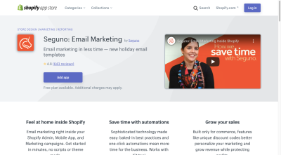 The Shopify app page for Seguno: Email Marketing includes an eye-catching video to promote it