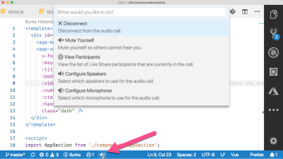vs code options showing options like mute and disconnect for live share audio extension
