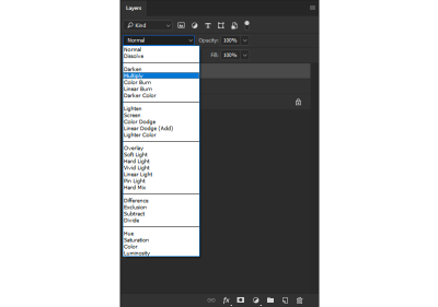 Blending mode drop-down menu open, Multiply highlighted