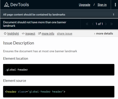 Axe DevTools showing details of a ‘Document should not have more than one banner landmark error’ with code snippets.