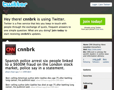 A screenshot of Twitter with a banner on the top with the information that cnnbrk is using Twitter besides a cta written Join today!