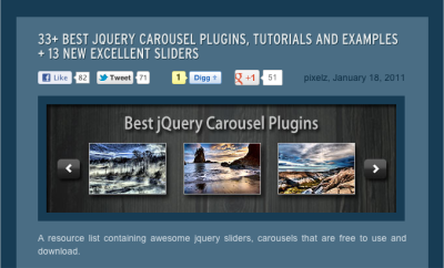 A screenshot of an article that states 33+ best jQuery carousel plugins, tutorials and examples + 13 new excellent sliders.